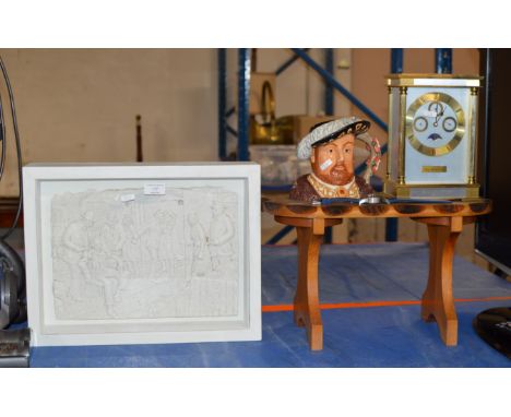 FRAMED RELIEF PICTURE DISPLAY, WOODEN STOOL, MODERN MANTLE CLOCK, ROYAL WORCESTER TOBY JUG &amp; HUGO BOSS WRIST WATCH    