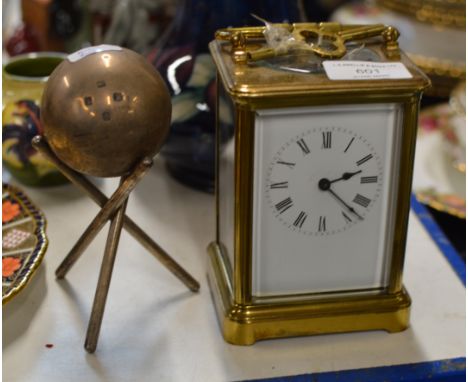 SILVER BOWLING JACK ON STAND &amp; BRASS CASED CARRIAGE CLOCK WITH KEY    