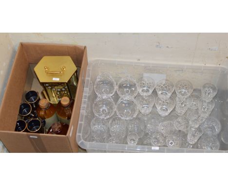 2 BOXES WITH CRYSTAL GLASSES, COFFEE WARE, CLOCK, CERAMIC BOTTLES ETC    
