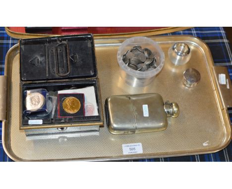 BOX CONTAINING VARIOUS COINAGE, HIP FLASK, SILVER MOUNTED MATCH STRIKER ETC    