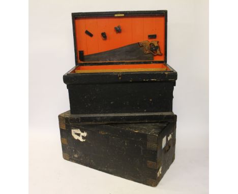 A late 19th century painted pine tool chest, with two iron lug handles, the interior with original trays, 45cm H x 80cm 47cm 