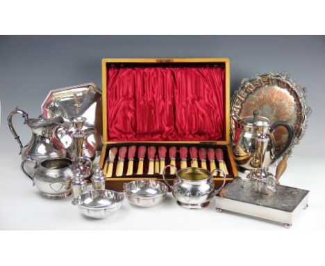 A collection of silver and plated wares, to include; a pair of silver condiments, Birmingham 1966, a rectangular entree dish 