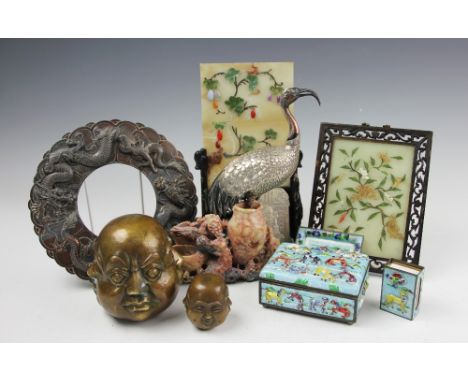 A selection of oriental wares to include, a pair of 19th century Japanese copper discs, each applied with scrolling three-cla