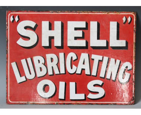 A vintage 'Shell Lubricating Oils' enamel reversible advertising sign 33cm H x 46cm W (at fault)