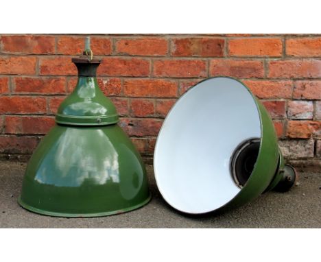 A pair of vintage green enamel industrial ceiling lights, 48cm high (2) Lighting lots are sold as decorative items only. Pros