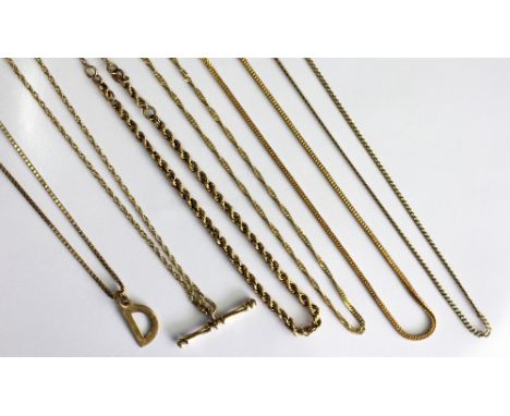A 9ct yellow gold chain with bar pendant, a 9ct gold rope twist chain, a fine box link chain with 'D' pendant, a fine chain, 