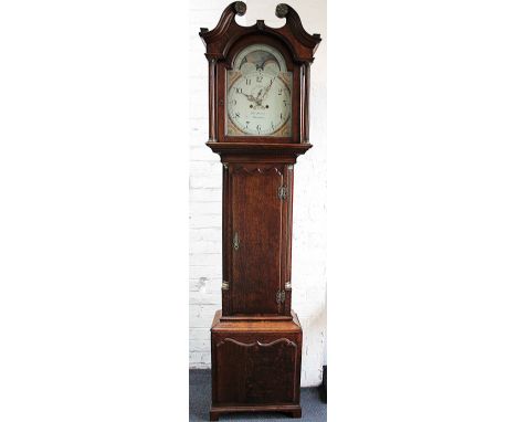 A late George III eight day oak longcase clock, the painted Arabic dial signed 'Tho's Dutton, Walsall', with date aperture, s