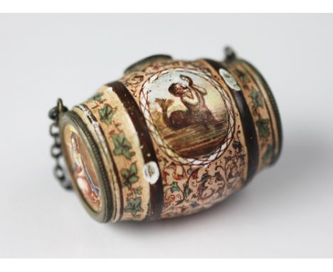 A 19th century Viennese enamel barrel shaped scent bottle, decorated with centaurs and maidens, lacking stopper - some small 