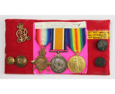 A World War I medal trio to 2274 Cpl J. R. Woods, Norf Yeo, comprising 1914/15 Star, BWM and VM, with four GPO buttons and a 