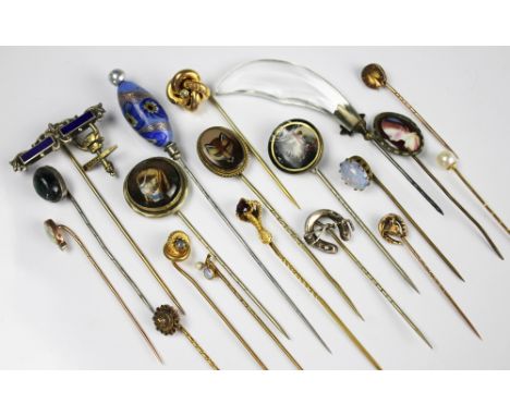 A collection of assorted stick pins, to include; pearl and diamond, opal and further gem set examples, assorted gold examples