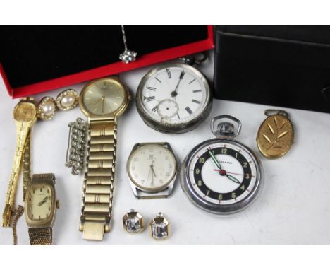 A selection of jewellery and watches, to include; brooches, a silver bangle, further bangles, pendants, necklaces, pocket wat