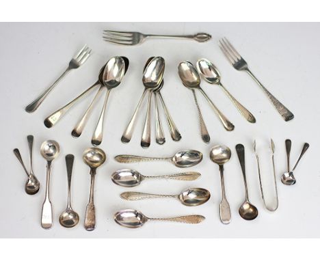 A selection of silver cutlery, including caddy spoons, dessert forks, tea spoons, a pair of sugar tongs etc, weight 10.3ozt (