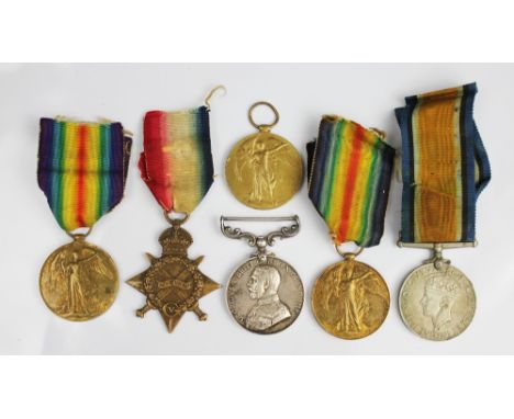 A selection of World War I and other medals, comprising a Military Medal (name removed), a World War I pair comprising 1914/1