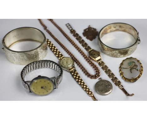 A 9ct gold graduated albert chain (at fault) weight 25.5gms, a 9ct gold 'Record' ladys wristwatch, a 9ct gold fob weight 6gms