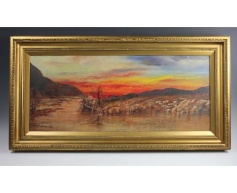 Manner of Robert Hatton Monks, Oil on canvas, Sheep in a highland landscape at sunset, signed R Monks to lower left, 31.5cm x