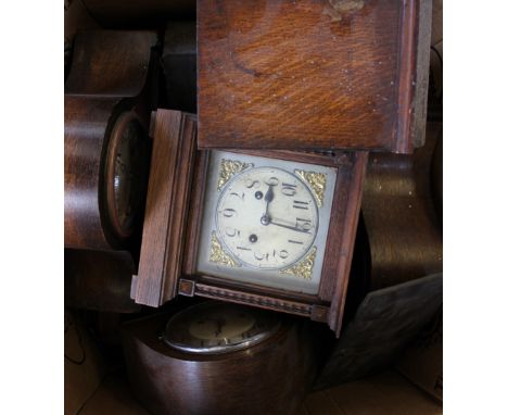 A collection of early 20th century mantel clocks and part clocks, with four grandmother clock cases (Qty) (as found)