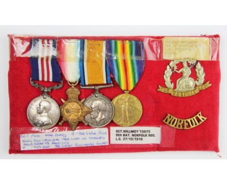 A World War I Military Medal group of four to 15675 Sjt G J Willmott, 9th Norf. R, comprising MM, 1914/19 Star, BWM and VM, w