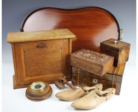 A 19th century inlaid mahogany tea caddy, 11cm H x 13cm W, with a walnut work box, an early 20th century oak stationery box, 