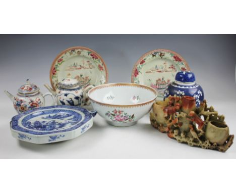 A collection of Chinese porcelains, to include a famille rose punch bowl, 23cm diameter,  two bullet shaped tea pots (one wit