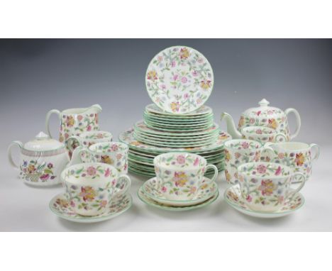A Minton Haddon Hall pattern part dinner service, comprising, ten dinner plates, five dessert plates, seven side plates, thre