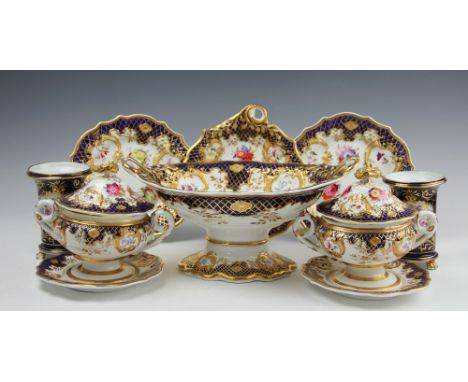 A 19th century porcelain ten piece part dinner service, moulded, painted and gilt highlighted with flowers and shaped reserve