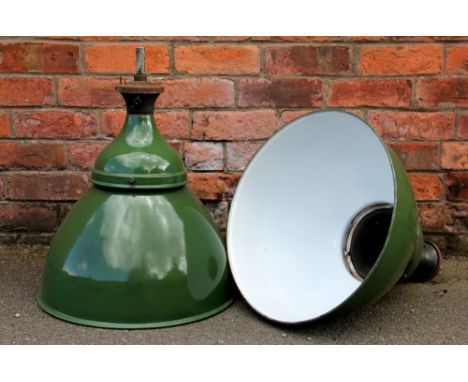 A pair of vintage green enamel industrial ceiling lights, 48cm high (2) Lighting lots are sold as decorative items only. Pros
