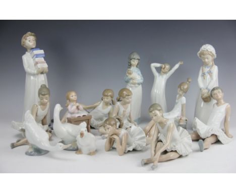 A collection of fifteen Nao figures, including ballerinas, girls seated, geese and further examples etc, highest 28cm (15)   