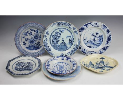 A late 18th century Liverpool Penningtons blue and white octagonal plate, decorated with the 'Fisherman Pattern', 19cm, with 