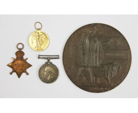 A World War I trio and death plaque to 9092 Pte J. Arnold Suff R, comprising 1914-15 Star, BWM, VM and death penny named for 