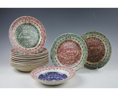 Eight Glasgow Pottery plates, J. & M.P. Bell & Co. Ltd, 'Celebes' pattern, Rd.No.158409, 22.5cm diameter, four bowls, 23cm di