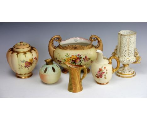 A selection of Royal Worcester items comprising; a leaf moulded cream jug, 10.5cm high, a florally decorated 1094 shape milk 