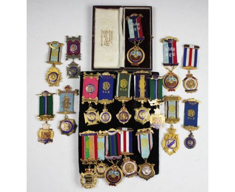 A large selection of silver gilt and enamel medals relating to the Huntsman Lodge, examples to include Royal Order of Antedil