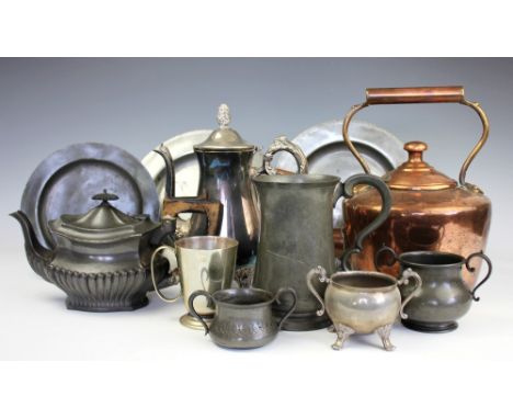 A collection of silver plated, pewter and copper wares, to include; a three piece tea and coffee service, two copper kettles,