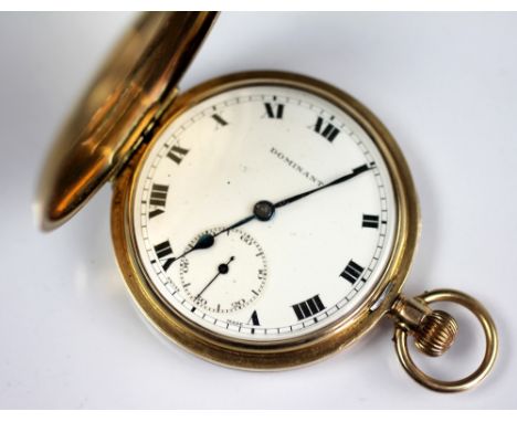 A 9ct gold keyless wind 'Dominant' full hunter pocket watch, London 1920, the white enamel dial with black Roman numerals sub