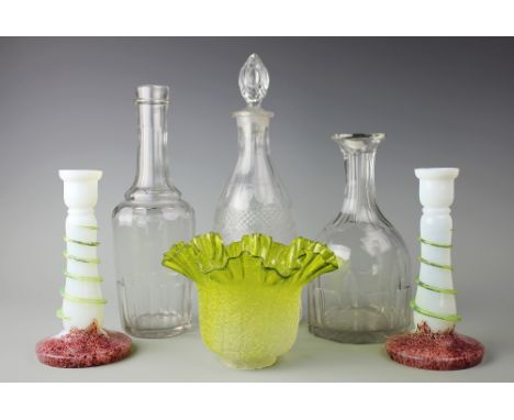 A pair of opalene glass candlesticks, Cralik crica 1990, with applied trailing decoration, 19cm high, a crackle glaze lamp sh