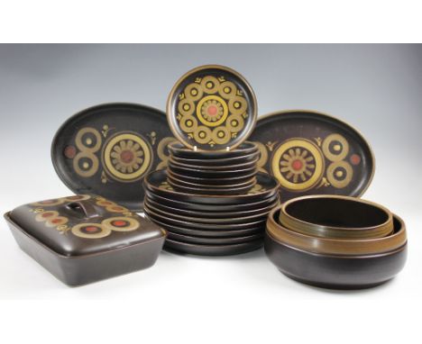 A selection of Denby Arabesque dinner wares comprising; two tureens and covers, eight plates, 25.5cm diameter, eight smaller 