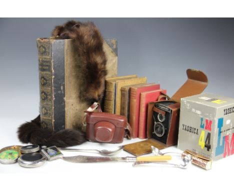 A selection of vintage items to include a Ladies mink stole, four cameras including a Yashica 44 FL 1091039, with two 60mm le