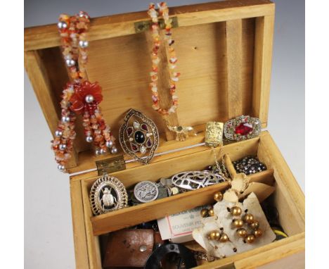 A collection of assorted costume jewellery and ephemera within a pine box, to include; French Art Nouveau buttons, retractabl