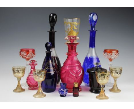 A selection of 19th century and later glass, to include a Bristol blue decanter and stopper with gilt naming for 'Hollands', 