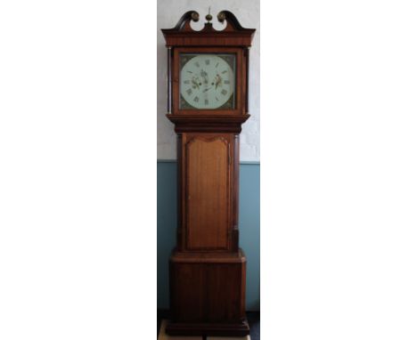 A late George III oak eight day longcase clock, with painted Roman numeral dial and movement striking on a bell, (alterations