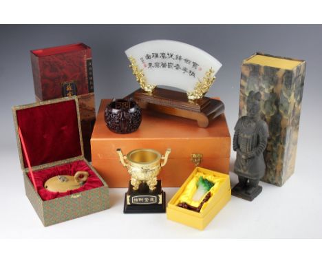 A selection of contemporary Chinese wares to include, a cased yixing teapot and cover, a cased mother of pearl and abalone mo