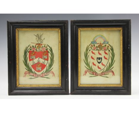 A pair of 19th century watercolour coat of arms, one for the family name Bywater, embellished with martlets and a rainbow arm