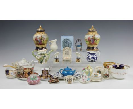 A collection of decorative ceramics, to include a Coalport blue batwing pattern sugar bowl and jug, a Royal Crown Derby 1128 