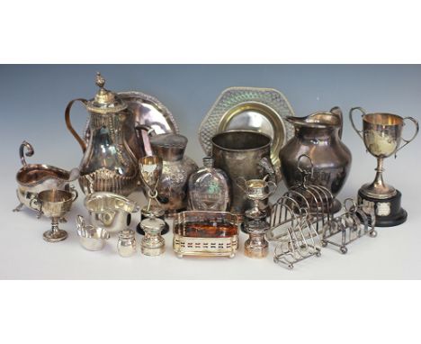 A selection of silver plated wares to include; a J.H Potter Sheffield silver plated bottle sleeve, a presentation oval hip fl