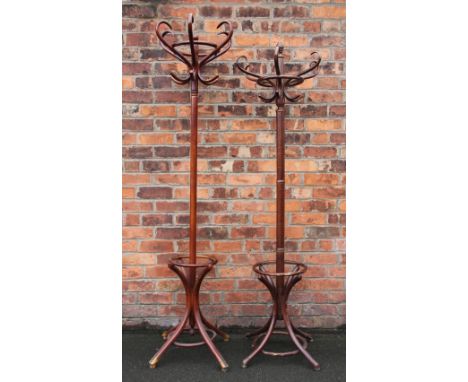An Edwardian style stained beech six hood hat and coat stand, 193cm, with another similar bentwood hat stand (2)