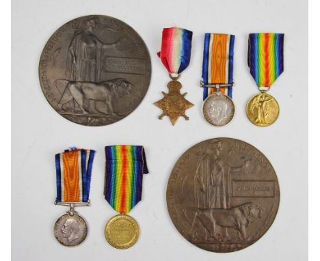 A World War I family medal group and death plaques, comprising trio and plaque to 13188 Pte J. B. Holmes R. Lanc. R, 1914-15 