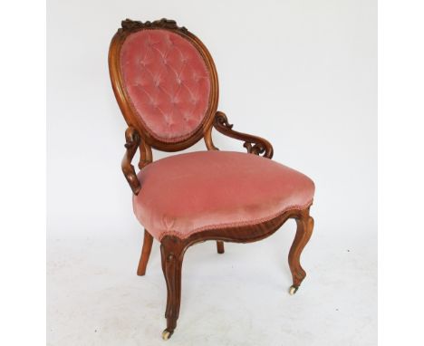 A Victorian carved walnut salon chair, with button back upholstery, on cabriole legs, with an Edwardian mahogany chair and tw