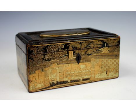 A 19th century Cantonese lacquered papier mache tea caddy, the exterior decorated with figures in a fan making factory, the i