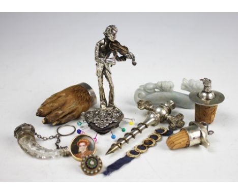 A selection of silver and objects of virtue, to include; a Continental silver figure of a violinist 9cm high, a silver mounte