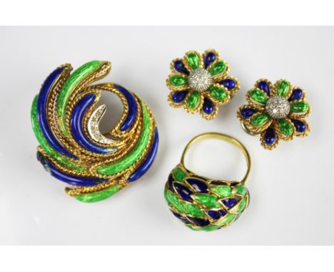 An assembled demi parure of enamel and diamond set 18ct gold jewellery, circa 1965, in the style of Kutchinsky, each piece en